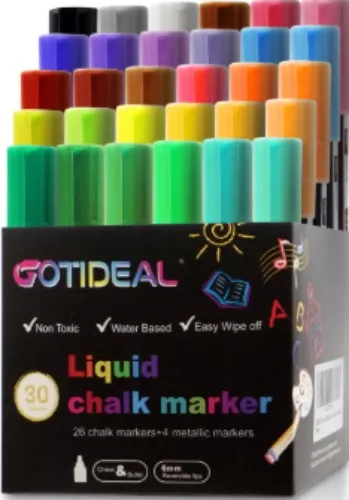 
        GOTIDEAL Liquid Chalk Markers, 30 colors Premium Window Chalkboard Neon Pens, Including 4 Metallic Colors, Painting and Drawing for Kids and Adults, Bistro & Restaurant, Wet Erase - Reversible Tip-        gotideal official    