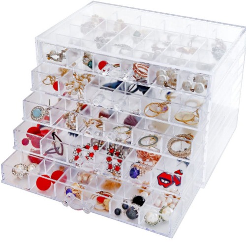 Acrylic Earring Organizer Jewelry Box 5 Drawers,120 Grids Clear Jewelry Box Organizer,Large Capacity Earring Ring Gift Boxes - 