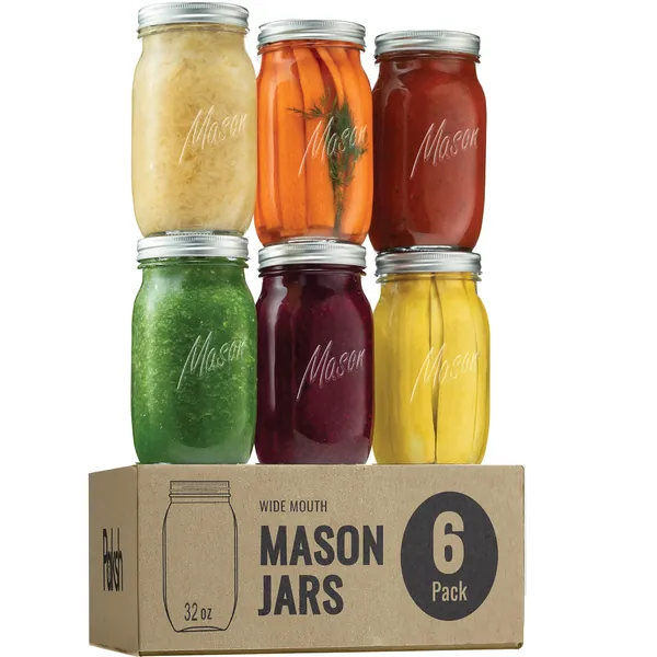Paksh Novelty Mason Jars 32 oz - 6-Pack Wide Mouth Glass Jars with Lid & Seal Bands - Airtight Container for Pickling, Canning, Candles, Home Decor, Overnight Oats, Fruit Preserves, Jam or Jelly - 32 oz, 6 Pack