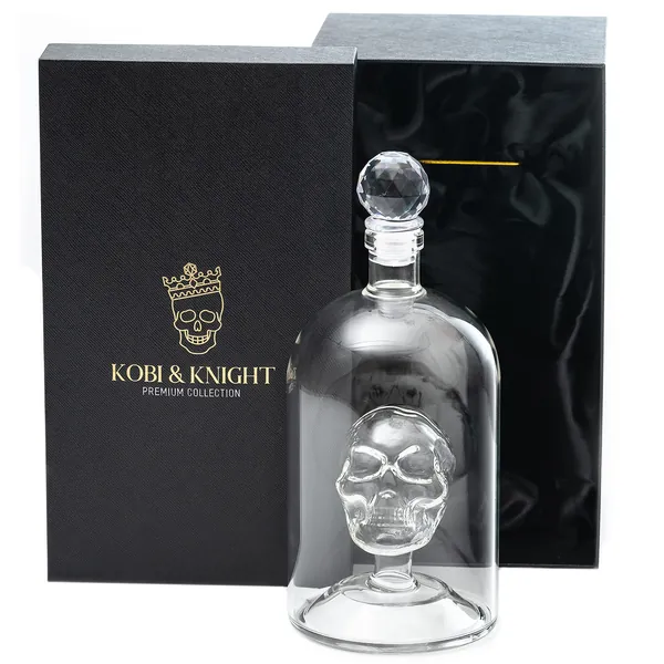 Kobi & Knight Premium Skull Decanter - Handmade Skull Whiskey Decanter with Airtight Stopper - Borosilicate Glass Skull Decanter - Thick Vodka, Rum, Gin, Tequila Bottle - 25fl oz / 750ml Skull Barware - 