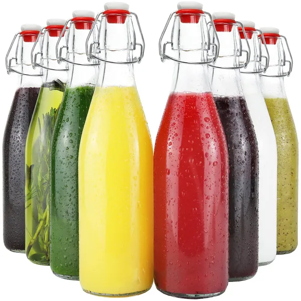 Glass Bottles with Caps 17 oz./0.5 Liter | Swing Top Glass Bottles with Stoppers for Water, Liquor, Kombucha | Small Glass bottles [8 Pack] - 8