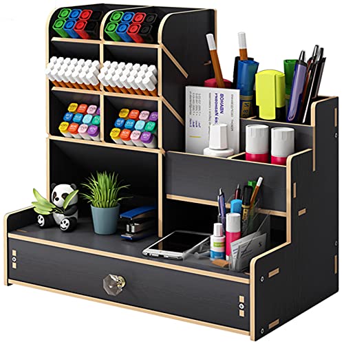 Marbrasse Upgraded Wooden Pencil Holder, Pen Organizer for Desk, Easy Assembly, Art Supply Organizer, Desktop Stationary Organizer Caddy (B17-Black) - B17-Black