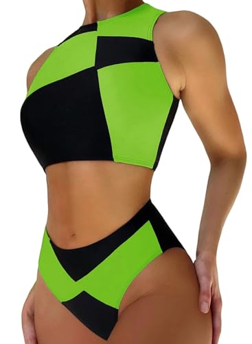 Womens Colorblock Shego Costume - Rave Outfit Swimsuits High Neck Crop Top High Waisted Bottom Cosplay Bikini Sets - Small - Black Green
