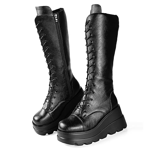 Gothniero Women Black Platform Goth Boots Mid Calf with Heel Knee High Boots Winter Chunky Heel Punk Rave Boots Girls Lace Up Combat Booties Size 5.5-11 - 8 - Black3