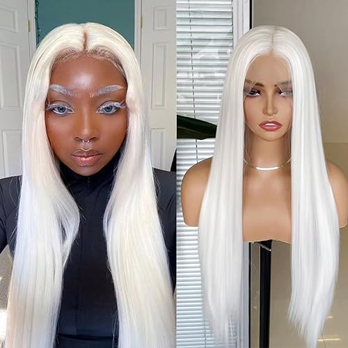 COCOFANS White Synthetic Lace Front Wigs for Women Girls Long Silky Straight Lace Wig Glueless Natural Hairline Wig Middle Part Heat Resitant Fiber Hair - White