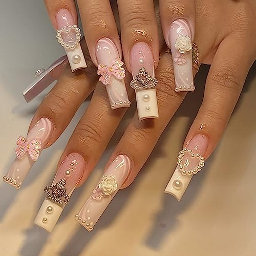Long Fake Nails Coffin Press on Nails Pink Stick on Nails Full Cover False Nails with Butterfly and pearl Rhinestones Designs Cute Glue on Nails Glossy Artificial Nails for Women Girls 24PCS - Z10
