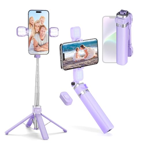 Mini iPhone Tripod Stand,MQOUNY 38" Phone Tripod &Selfie Stick with Wireless Rechargeable Remote & Removable Light, Extendable Tripod Stand 360 Rotation Compatible with iPhone&Android Samsung (Purple) - Purple