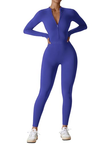YEOREO Women Workout Jumpsuit Zip Up Romper Bottom Pants Long Sleeve Bodysuit Bodycon Sexy One Piece - Long Sleeve Leggings - Small - #5 Royal Blue