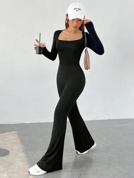 SHEIN EZwear Spring New Year Casual Black Knitted Hollow Out Stripe One-Shoulder Women Suit