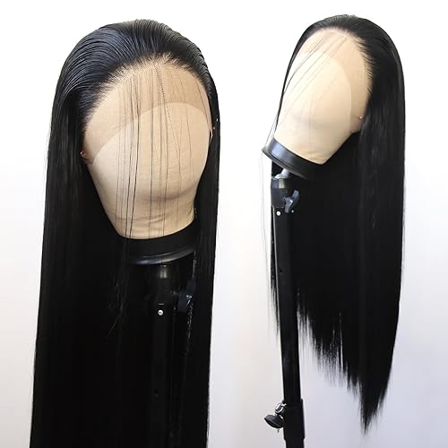 BTWTRY Black Synthetic Lace Front Wig Long Straight Jet Black Lace Front Synthetic Wig Pre Plucked Natural Hairline Glueless Heat Resistant Fiber Hair Wig for Fashion Women (Black) - Black