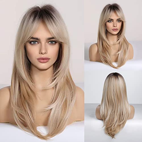 HAIRCUBE Blonde Wigs Long Curly Wigs Shoulder Length Heat Resistant Synthetic Wigs for Women with Bangs - Ombre blonde