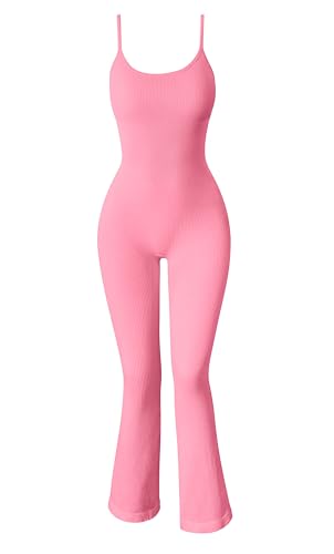 OQQ Women Yoga Jumpsuits Ribbed Exercise Adjustable Spaghetti Strips Tops Bell Bottoms Flare Jumpsuits - Small - Candypink