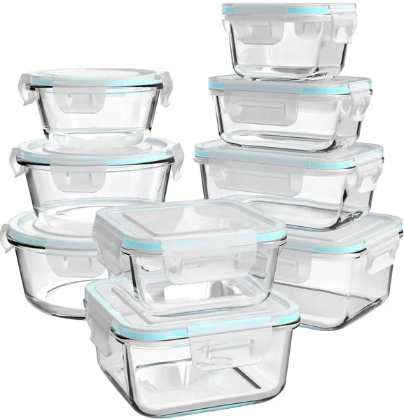AILTEC Glass Food Storage Containers with Lids, [18 Piece] Glass Meal Prep Containers, Glass Containers for Food Storage with Lids, BPA Free & Leak Proof (9 Lids & 9 Containers)