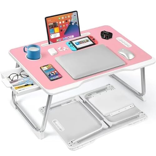 KKTECH Desk on Bed Folding Laptop Breakfast Bed Table with Drawer, Portable Laptop Table with Drawers, Foldable Legs, Tablet Holder, Cup holder, for Working on Bed/Sofa (Pink) - Pink