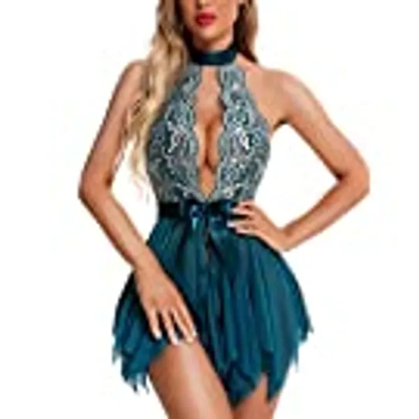 RSLOVE Women Lingerie Lace Babydoll Sexy Chemise Halter Teddy Mesh Sleepwear Boudoir Outfits