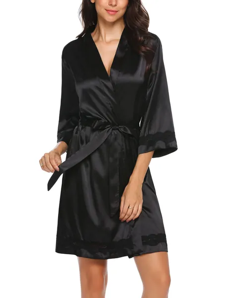 Ekouaer Women's Lace-Trim Kimono Style Short Satin Robe Sleepwear with 3/4 Sleeve