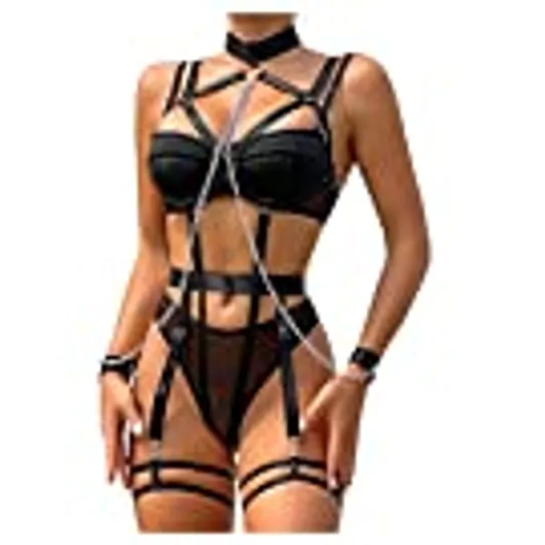 Zzalalana Women's Strappy Lingerie with Sex Handcuffs Halter Neck Bandage Submissive Body Harness Gothic Punk Costume