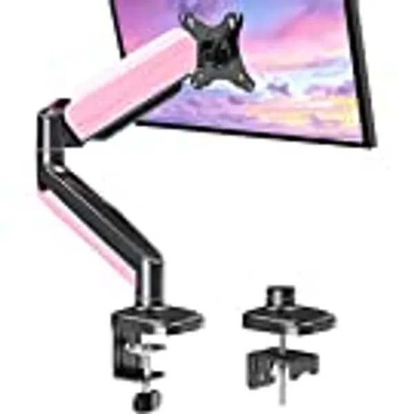 MOUNTUP Single Monitor Desk Mount, Adjustable Gas Spring Monitor Stand for 17-32 Inch Computer Screen, 75x75/100x100 VESA Mount with Clamp, Grommet Mounting Base, Monitor Arm Holds 4.4-17.6lbs, Pink