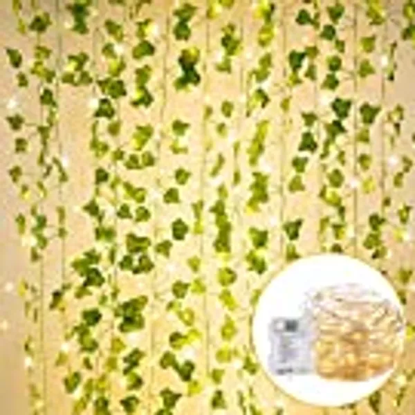 Minetom 36 Ft. String Lights with Vines Battery Operated 12 Pcs 7 Ft. Artificial Ivy Vine 110 LED Vine Lights 8 Modes Ivy Lights for Bedroom Room Wall Wedding Indoor Party Festival Decor (Warm White)