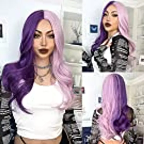 MUPUL Half Purple And Half Pink Ombre Body Wave Synthetic Wigs For Women Long Curly Hair For Cosplay Girls And Women Halloween Party Or Daily Use Hair Wig