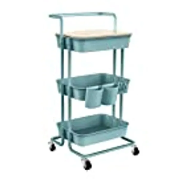 DTK 3 Tier Utility Rolling Cart with Cover Board, Rolling Storage Cart with Handle and Locking Wheels Kitchen Cart with 2 Small Baskets and 4 Hooks for Bathroom Office Balcony Living Room(Turquoise)