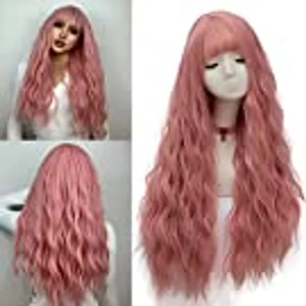 Netgo Women's Pink Wig Long Fluffy Curly Wavy Hair Wigs for Girl Heat Friendly Synthetic Cosplay Party Wigs