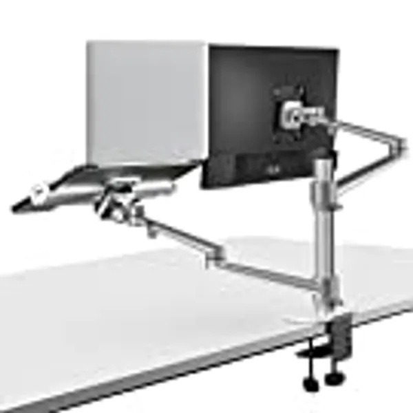 viozon Monitor and Laptop Mount, 2-in-1 Adjustable Dual Arm Desk Mounts Single Desk Arm Stand/Holder for 17 to 32 Inch LCD Computer Screens, Extra Tray Fits 12 to 17 inch Laptops (Silver )