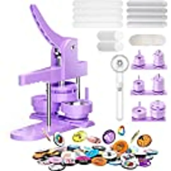 Button Maker Machine Multiple Sizes 1''+1.25''+2.25'' Button Pin Maker 300pcs Badge Button Press Machine with Button Parts&Circle Cutter&Picture (Purple)