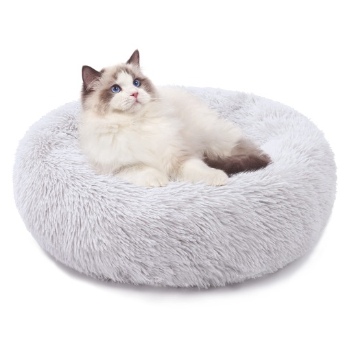 PEOPLE&PETS Soft Long Plush Pet Bed, Calming Self-Warming Round Donut Cuddler, Fluffy Dog Cat Cushion Bed with Anti-Slip & Waterproof Bottom(30", Light Grey) - 30" Grey