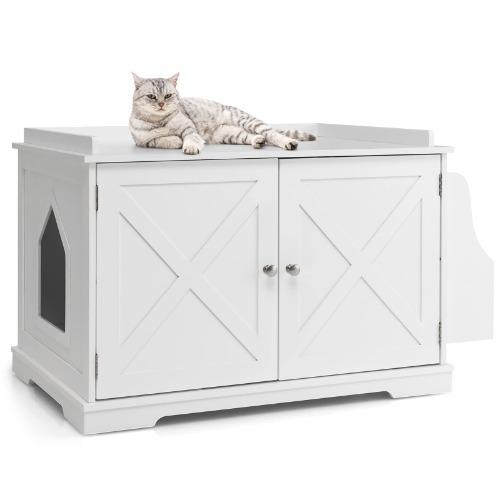 PETSITE Cat Litter Box Enclosure, Large Cat Washroom Side Table W/The Storage Rack, Removable Divider, Hidden Litter Box Furniture - White