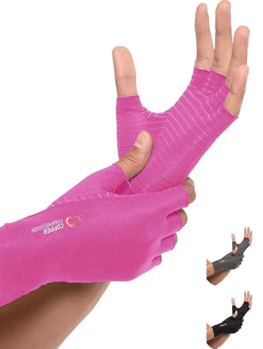 Copper Compression Arthritis Gloves | Fingerless Arthritis Carpal Tunnel Pain Relief Gloves For Men & Women | Hand Support Wrist Brace For Rheumatoid, Tendonitis, Swelling, Crocheting - Pink S - Pink - Small (1 Pair)