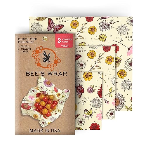 Bee's Wrap Reusable Vegan Alternative to Beeswax Food Wraps, Made in the USA, Eco Friendly Food Wraps, Sustainable Food Storage Containers, Organic Cotton Food Wraps, Assorted 3 Pack (S, M, L), Vegan - Vegan Meadow Magic