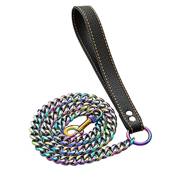 txprodogchains Chain Leash for Medium Large Dogs Metal Chain Leash Chew Proof, Heavy Duty Leash Stainless Steel Multicolored Dog Leash Chain with Leather Padded Handle (3.5FT)