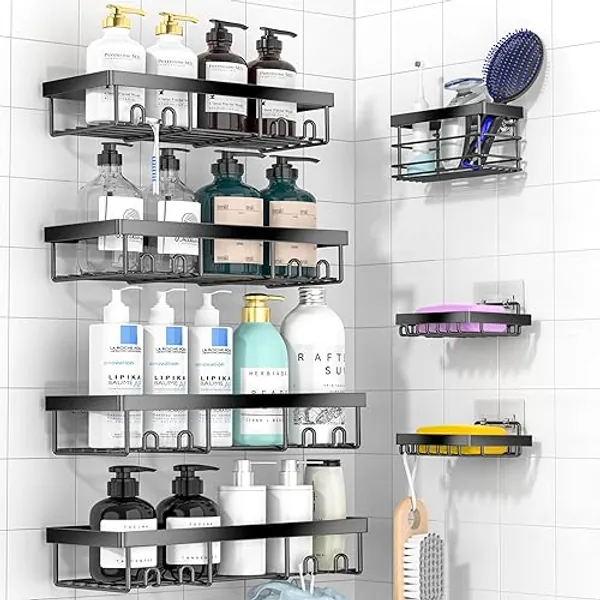 Moforoco Shower Caddy Shelf Organizer Rack, Self Adhesive Black Bathroom Shelves Basket, Home Farmhouse Wall Shower Inside Organization and Storage Decor Rv Accessories, First Apartment Essentials
