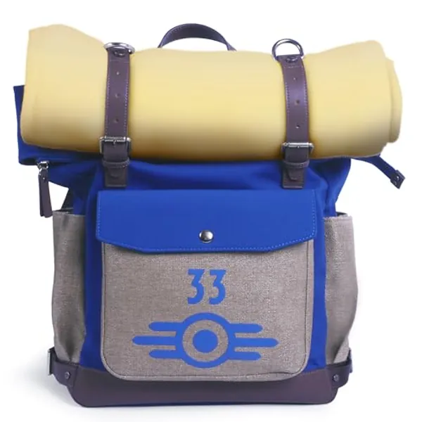 Fallout from The Wand Company: Lucy's Backpack, the authentic Vault 33 replica with fleece blanket and internal pockets for laptop, glasses and phone – officially licensed by Amazon Studios & Bethesda