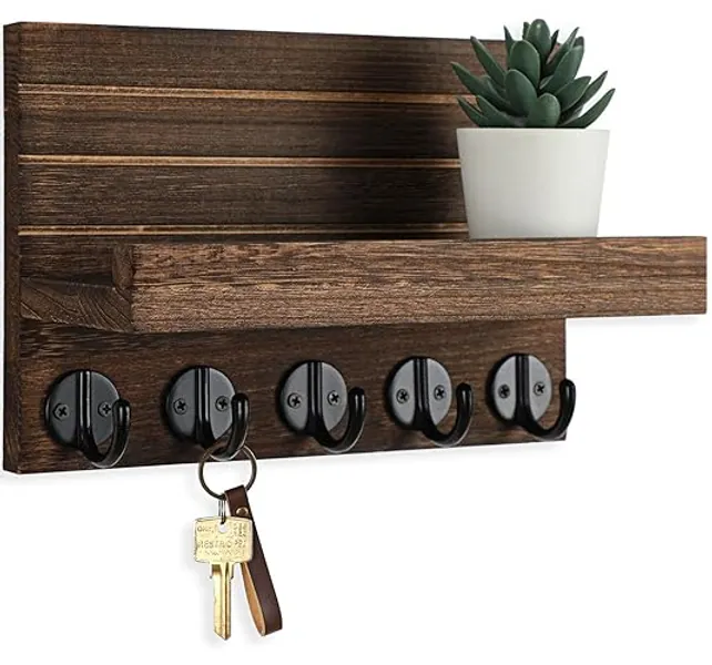 Lwenki Key Holder for Wall, Decorative Key and Mail Holder with Shelf Has Large Key Hooks for Bags, Coats – Paulownia Wood Key Hanger with Mounting Hardware (9.8”W x 6.7”H x 4.2”D) (Brown)
