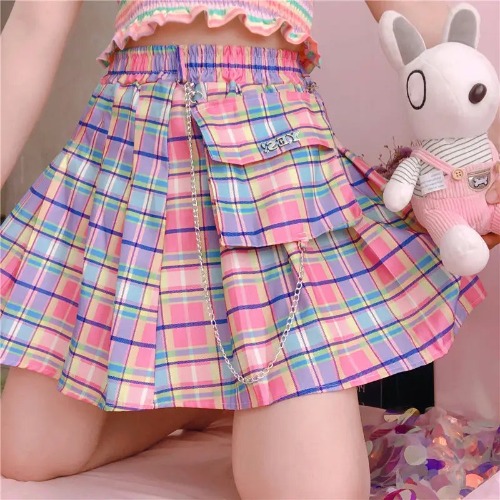 Bubblegum Rainbow Plaid Skirt with Cargo Pocket - L