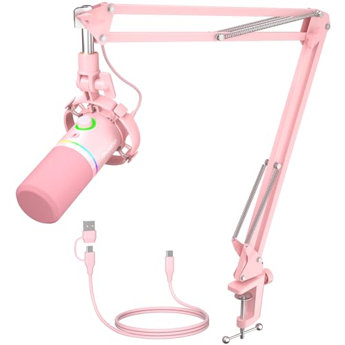 MAONO XLR/USB Dynamic Microphone Kit, RGB Gaming Mic with Software, Mute, Gain Knob, Volume Control, Boom Arm for Streaming, Podcasting, Voice-Over, Recording-PD200XS Pink - Pink