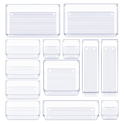 13 Pcs Clear Plastic Drawer Organizer Trays with Non-Slip Silicone Pads, Desk Versatile Kitchen Drawer Organiser Bins Tray for Makeup Bedroom Office, Bathroom Countertop Organizer for Cosmetics - 13 PCS Clear