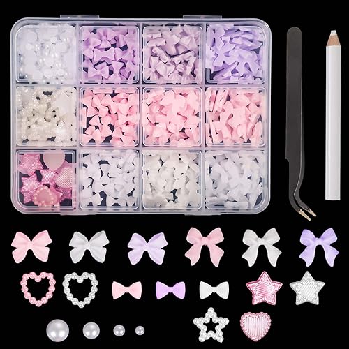 500pcs 3D Nail Charms, Multicolor Mix Shapes Bow Nail Charms Love Heart Pentagram Pearl Star Nail Gems Resin Nail Decorations with Tweezers Pickup Tool Nail DIY Accessories for Girls Women