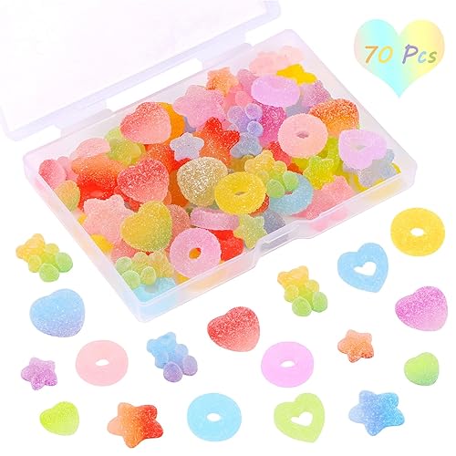 UHOMENY 70 Pcs Mixed Candy Charms Soft Jelly Sugar Resin Flatback Beads Pendants Mini Assorted Jelly Buttons Heart Star Candy Bear Doughnut Shaped Charm with Box for DIY Crafts Phone Case Nail Art