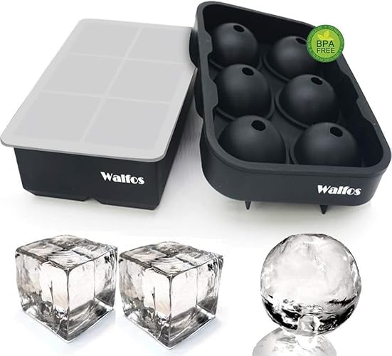 Walfos Silicone Ice Cube Tray Set, Sphere Ice Ball and Large Square Ice Cube Tray with Lid, Easy to Pop Out, Prefect for for Whiskey, Cocktails, Baby Food, Reusable & BPA Free - 2pcs Ice Ball and Tray With Lid