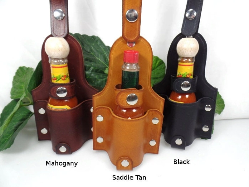 2oz Leather Hot Sauce Sanitizer Holder Holster BBQ Grilling Smoker 3rd Anniversary Fathers Day Gift For Cook Him Her