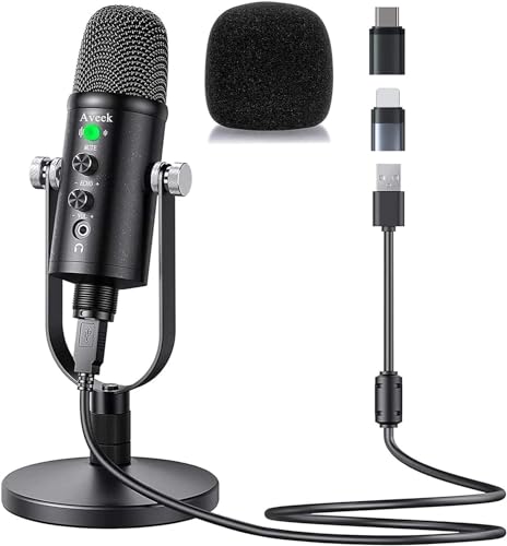 USB Microphone, Aveek Condenser Recording Microphone with Mute and Echo for Laptop pc Mac Phone Studio Recording, Streaming Broadcast and Game