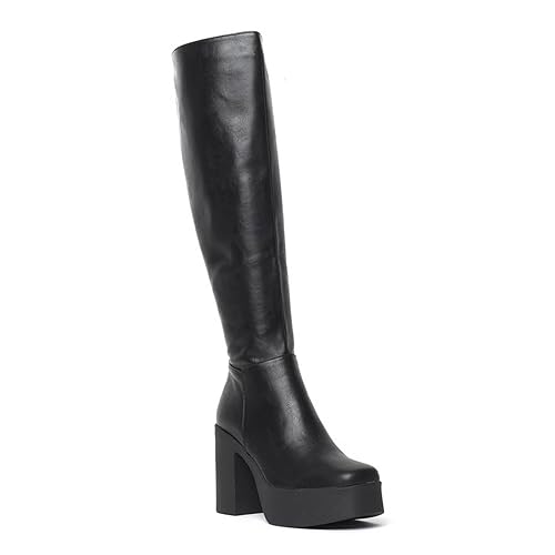 LAMODA Women's Slick Nicks Knee High Platform Boot, Black Pu, Casual Knee High Boots with Block Heel and Side Zipper, Vegan Winter Long Boots - 8 UK - Black Pu