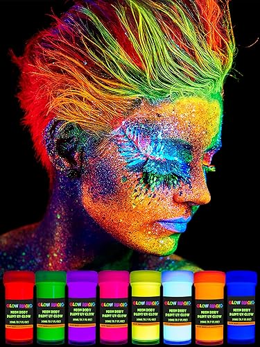 Neon Nights Glow In The Dark Body Paint - 8 Pck Black Light Paints, Party Supplies Kit for Adults & Kids, Professional Bodypainting and Face Makeup - UV Body Paint