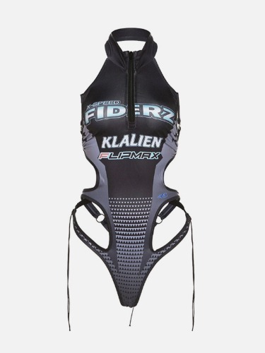 NEV Zip Up Hollow Letter Print Bodysuit | Grey / S