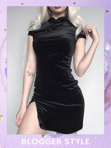 Goth Velvet Cheongsam Dress | Black / S