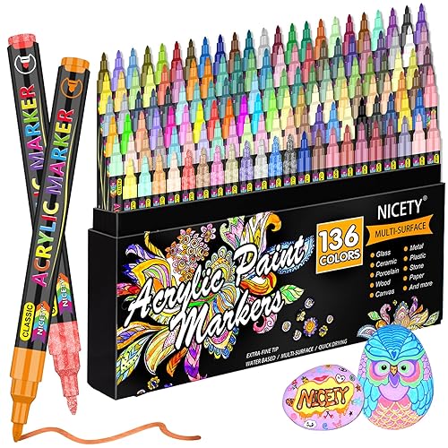 NICETY Acrylstifte für Steine Wasserfest - 136 Farben Multimarker Acrylmarker Glasmalstifte für Stein Stoff Holz Leinwand Glas Keramik - 0,7 mm Acrylic Paint Markers - 136