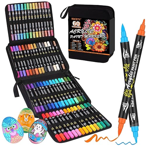 NICETY 60PCS Acrylstifte für Steine Wasserfest - Dual Tip Acrylmarker Multimarker für Steine Bemalen Holz Stein Stoff Leinwand Glas Keramik, 0.5-5mm Acrylfarben Stifte Acrylic Paint Marker Set